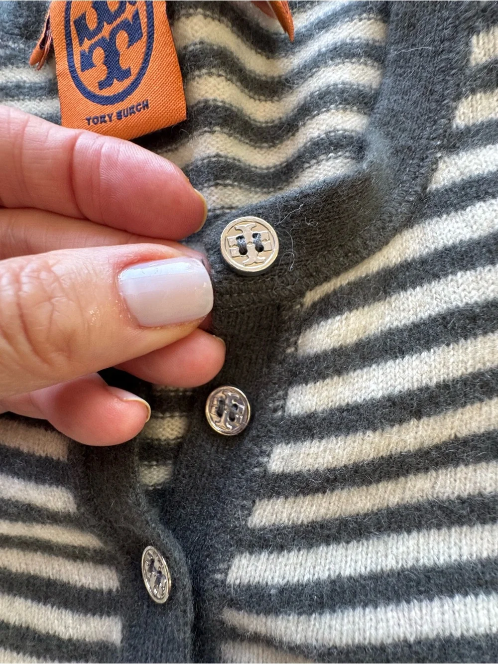 Tory Burch 100% Cashmere Grey & Cream Striped Cardigan Sweater - S